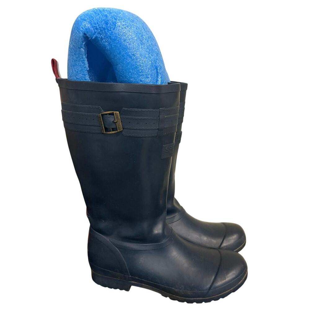 Sperry Women’s 9 Navy Waterproof Rubber Rain Boots Tall Red Stripe Buckle Trim